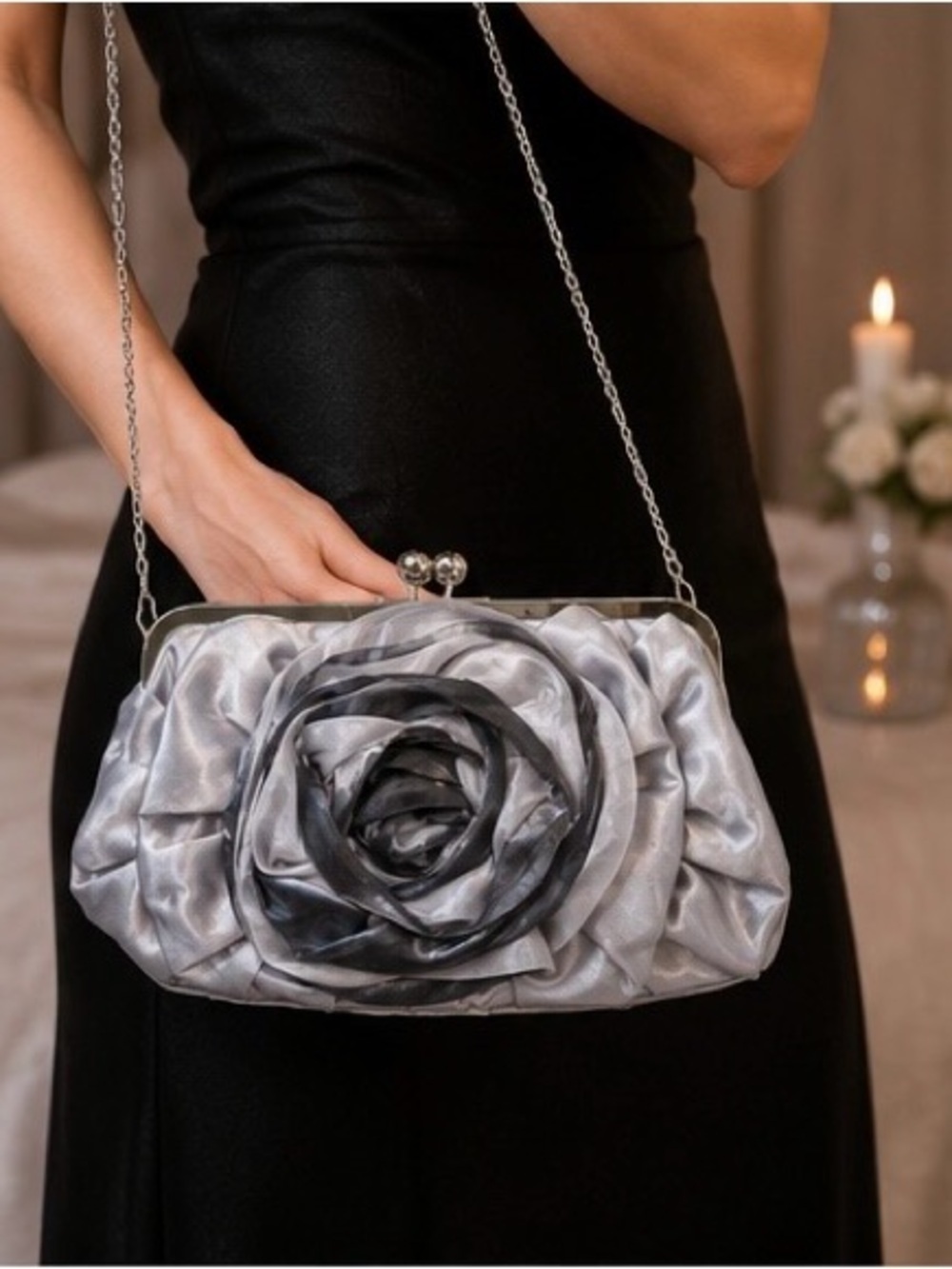 Gray Rosette Satin Evening Clutch Bag NWT Convertible Chain evening bag